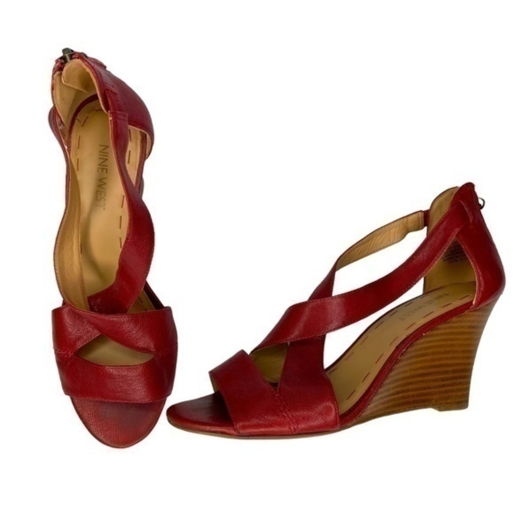 Nine West FICHEL Shoes‎ Red Leather Upper Wedge Heel Zipper Back Sandals